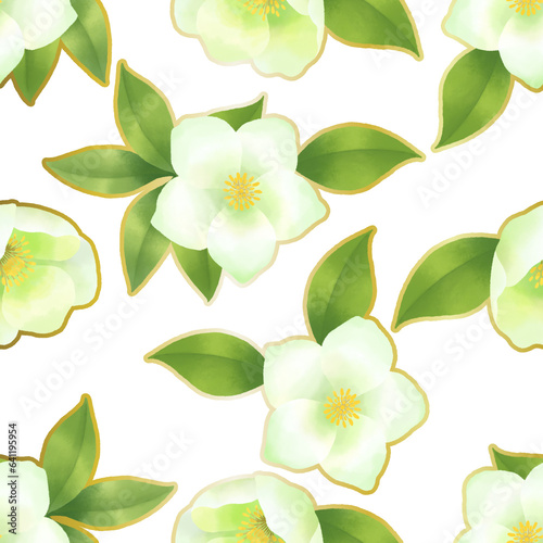 クリスマスローズをモチーフにしたシームレスパターン／Seamless pattern with Christmas rose motif