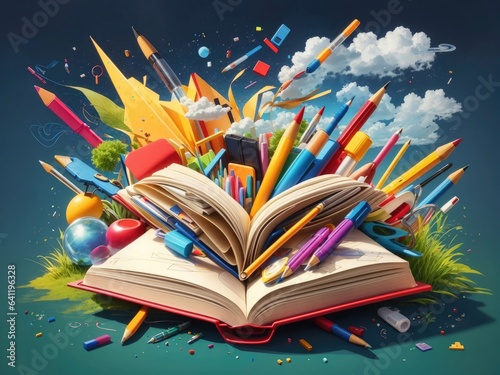 open book with school supplies illustration