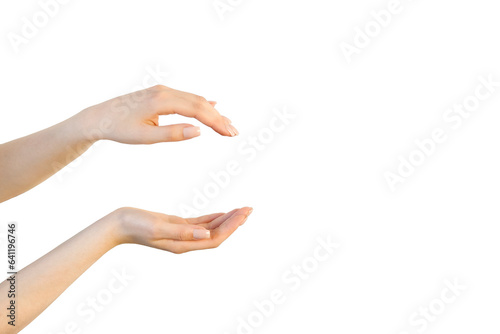 Two women's hands on top of each other, the concept of protection and security. Isolated hands on a white background, palm up and palm down.