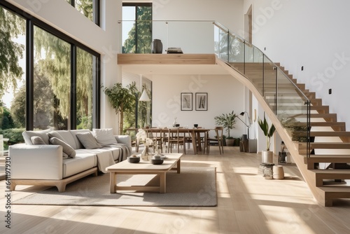 Stylish white living room with white leather sofa, comfortable wooden armchair, floor lamp, and wooden stairs leading to second floor. Staircase in apartment. Potted plant. Sunbeams in room