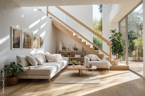 Stylish white living room with white leather sofa, comfortable wooden armchair, floor lamp, and wooden stairs leading to second floor. Staircase in apartment. Potted plant. Sunbeams in room
