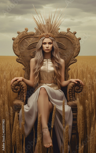 Confident empress in a beige dress sits on a throne in a field.  Queen on the throne.  photo