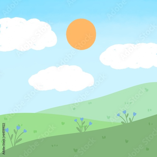 Landscape green hill sun and cloud blue sky