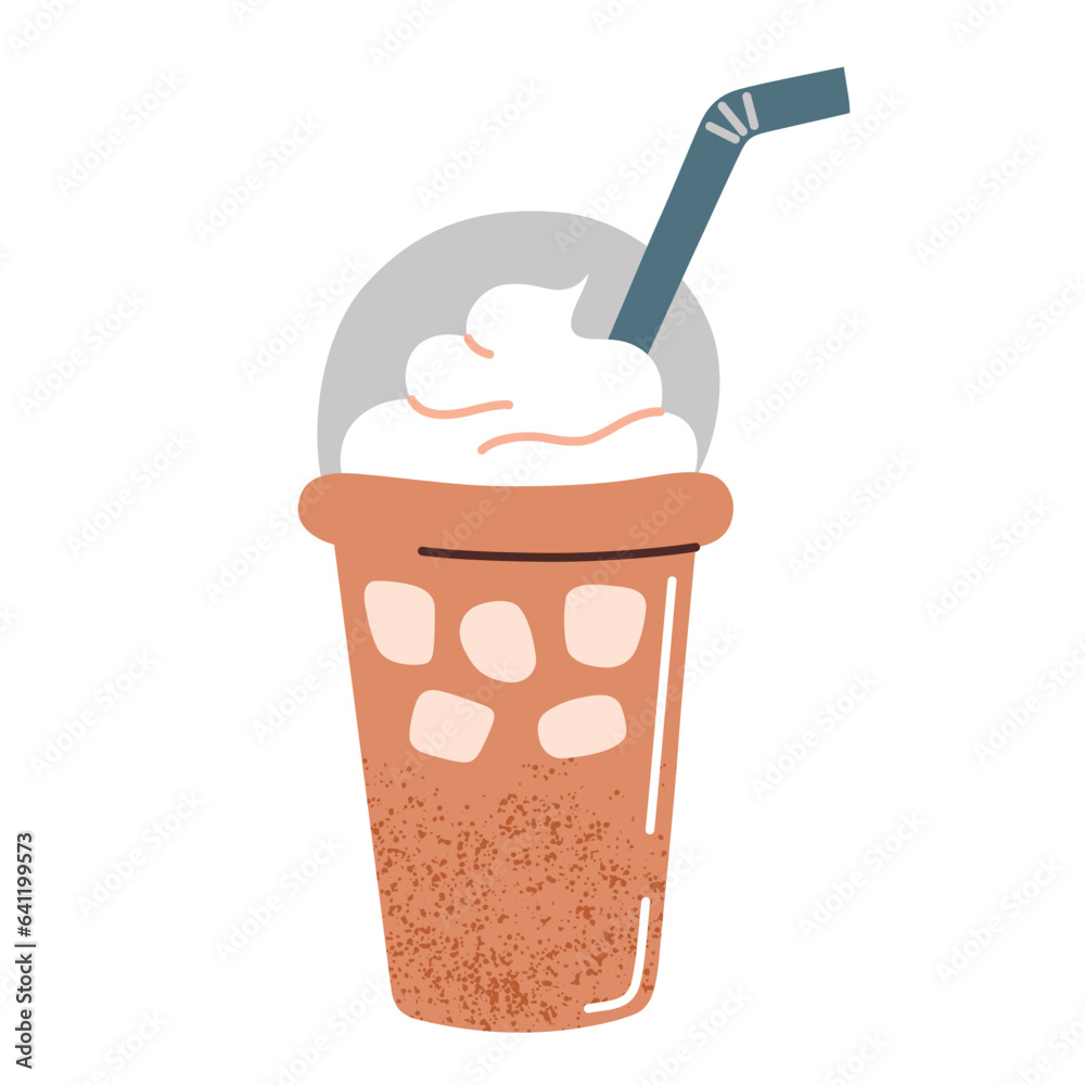 Iced coffee icon, vector doodle illustration of coffee to go, paper cup with straw, cozy autumn menu, sweet latte with ice, vanilla cream on top, isolated colored clipart on white background Iced coffee icon, vector doodle illustration of coffee to go, paper cup with straw, cozy autumn menu, sweet latte with ice, vanilla cream on top, isolated colored clipart on white background