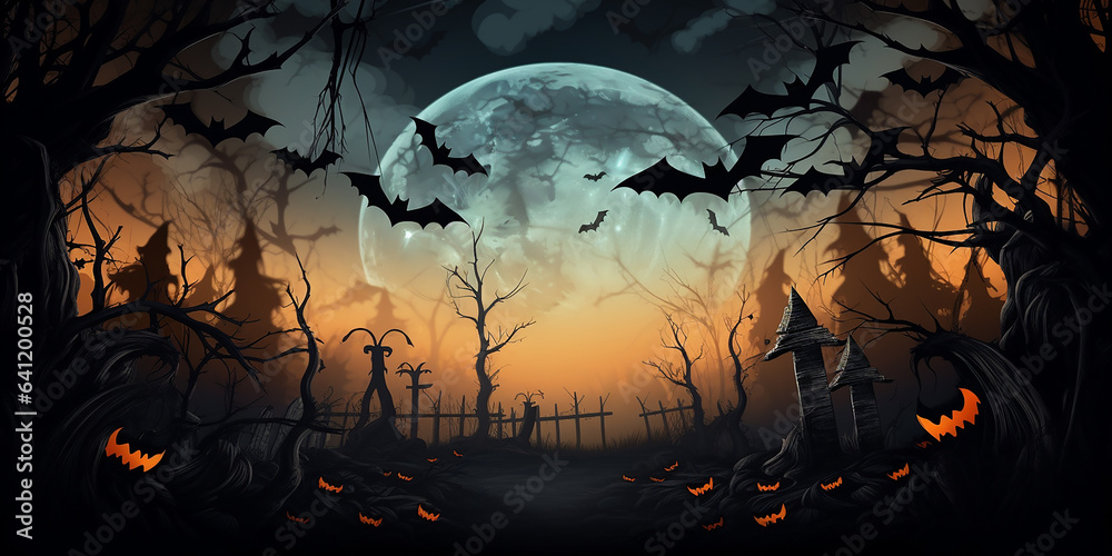 halloween haunted circus,Night full moon bats on tree.