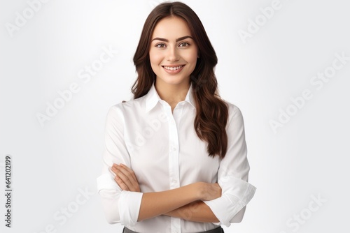 Beautiful young smiling business woman or office worker with folded arms looking straight ahead isolated over white background.generative ai 