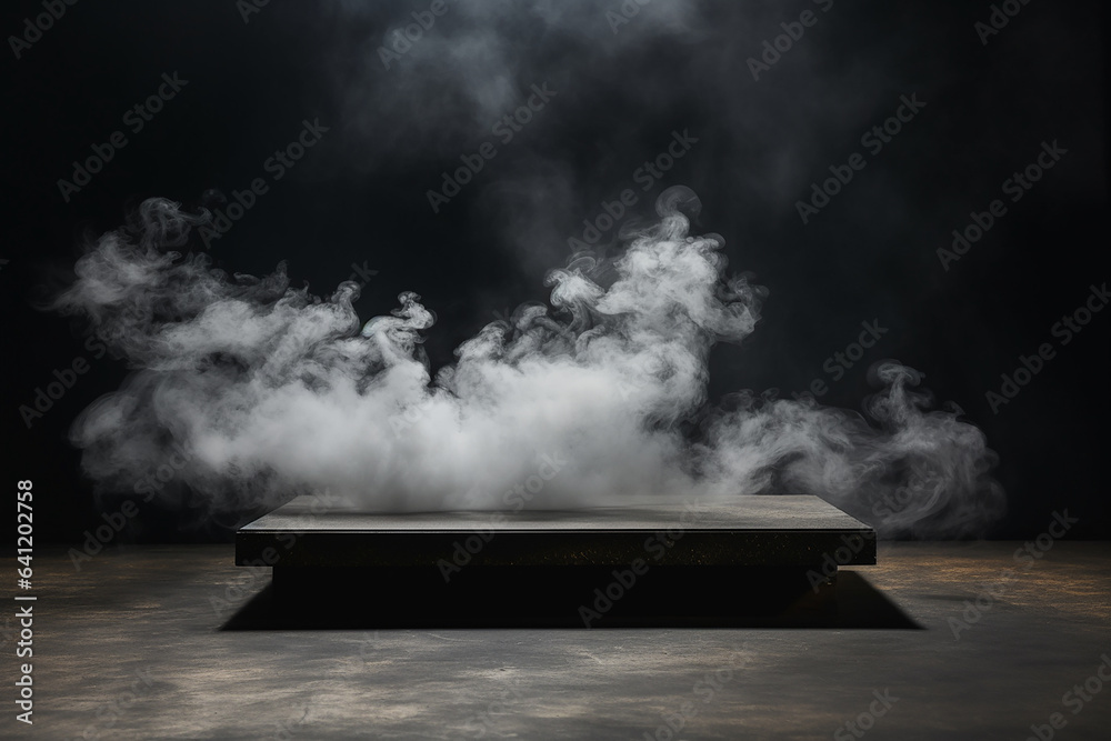Storm in the dark. Smoke over the floor. Concrete platform podium with smoke. - obrazy, fototapety, plakaty 