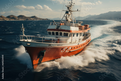 A research vessel sails through open waters, carrying scientists on a mission to study and protect marine species and their habitats. Generative AI.