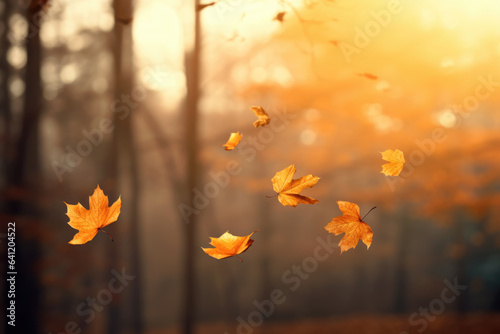 Autumn maple leaves on sunny blurred trees. Fall forest background. Copy space