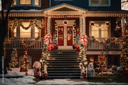 Decorated Christmas house with festive lights and wreath. Winter exterior in snow. Concept of holiday home decoration. © Postproduction