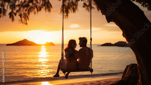 Silhouette of a romantic couple sitting together on a rope swing on a beach at sunset © IB Photography