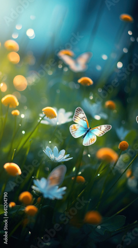 Little butterflies with fluffy wings on flowers , blur colorful background, spring morning light.