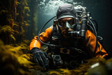 A diver explores a kelp forest, showcasing the complex underwater ecosystems that provide habitats for diverse marine species. Generative AI.
