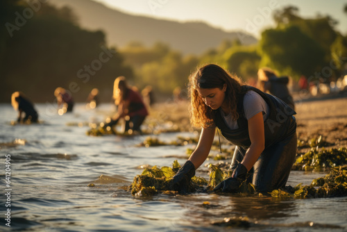 A community participates in a coastal cleanup, removing debris to ensure a cleaner environment for marine life to thrive. Generative AI.