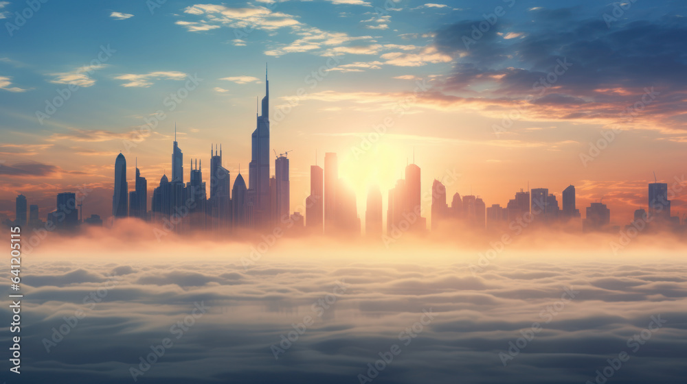 Dubai with skyscrapers submerged in thick fog during sunrise