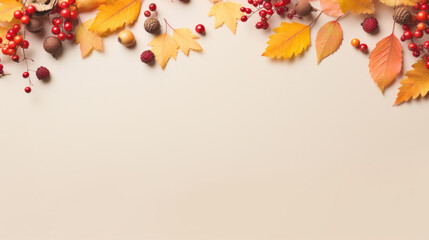 Frame of colorful red and yellow autumn leaves with cones and rowan berries on trendy beige background. First day of school, back to school, fall concept