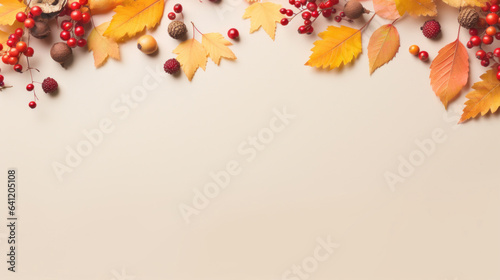 Fototapeta Naklejka Na Ścianę i Meble -  Frame of colorful red and yellow autumn leaves with cones and rowan berries on trendy beige background. First day of school, back to school, fall concept
