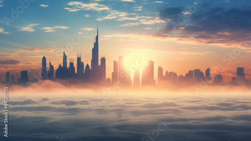 Dubai with skyscrapers submerged in thick fog during sunrise