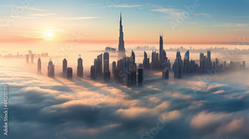 Downtown Dubai with skyscrapers submerged in thick fog during sunrise