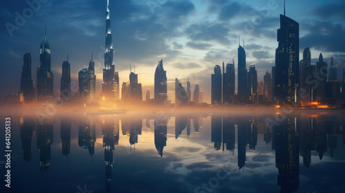 Dubai with skyscrapers submerged in thick fog during sunrise