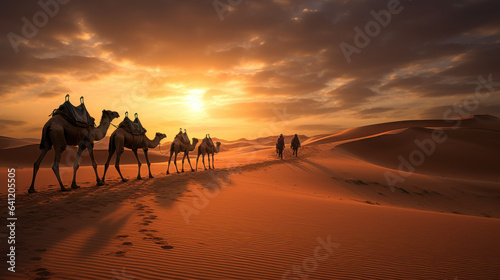 Desert landscape sunset and side way camels walking on the desert