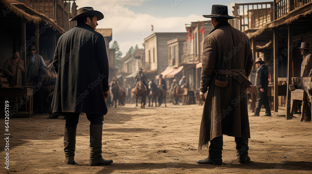 Two Cowboy standoff in Old Western Town - obrazy, fototapety, plakaty 