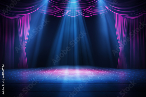 The dark stage shows empty dark blue purple pink background