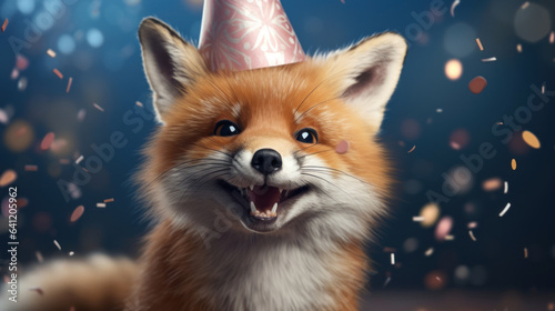 Happy fox smiling wearing hat with flying confetti. Birthday concept