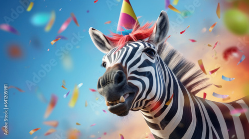 Happy zebra smiling wearing hat with flying confetti. Birthday concept