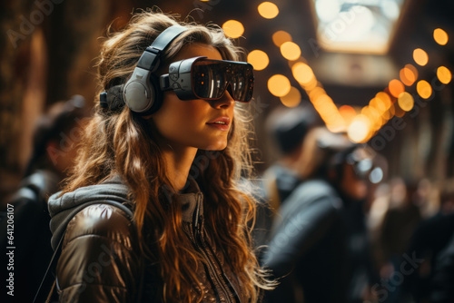 A student uses virtual reality goggles to explore historical sites and cultural landmarks, enriching their remote learning experience. Generative AI.