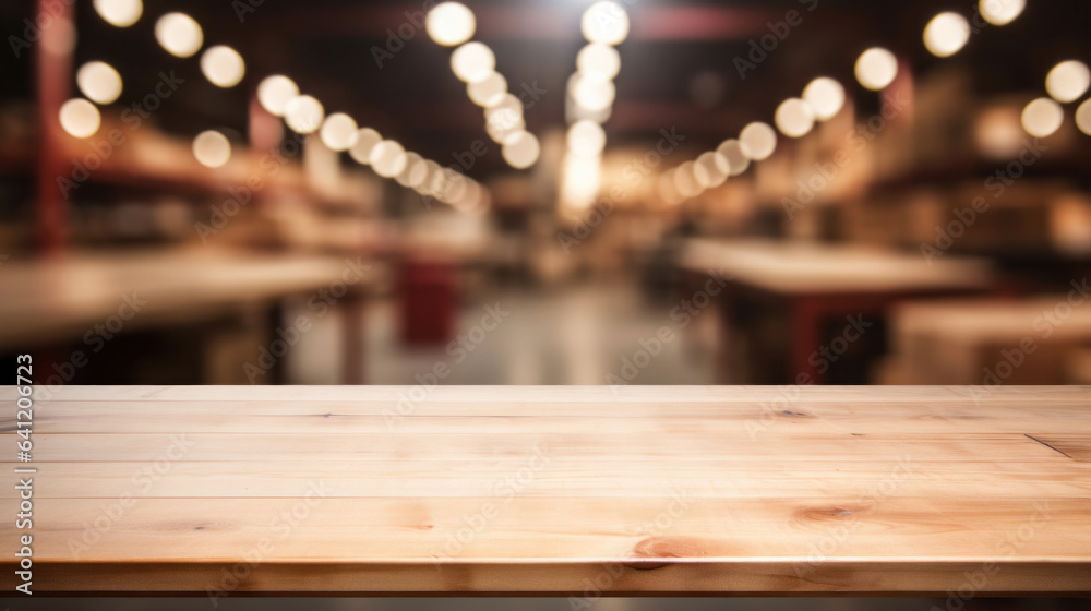 Empty wooden table top with blur background of large warehouse