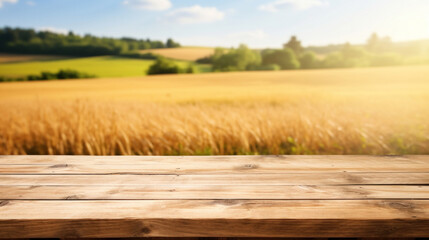 Empty wooden table top with blur background of farm