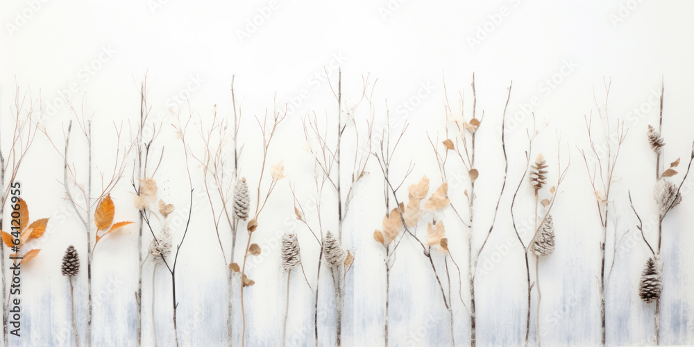 Fototapeta premium Natural style winter banner with forest elements a distressed white wooden background, copy space