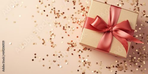 Pale red Gift box with a bow of golden ribbons close-up top view on pale beige background  many golden confetti