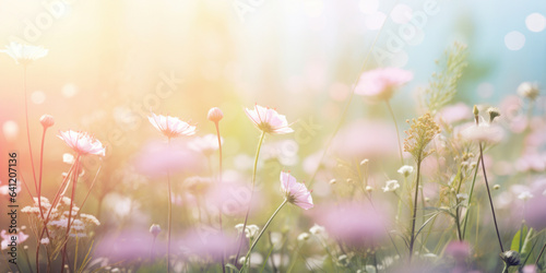 August summer haze in herbs and flowers in bokeh style, pastel colors