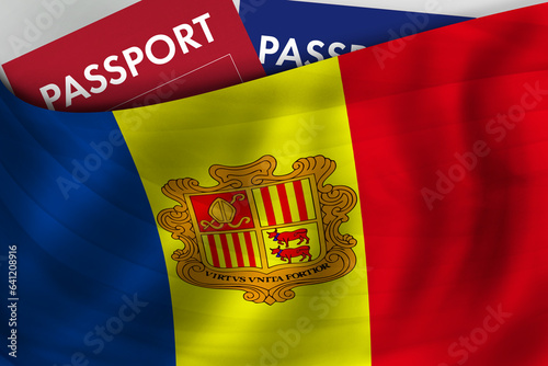Andoran flag background and passport of Principality of Andorra. Citizenship, official legal immigration, visa, business and travel concept. photo