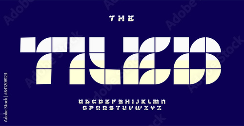 Tile-inspired modern font in pixel style. Square geometric letters in retro-futuristic style. Perfect for logo, monogram and headline. Stylish modular typography. Vector typeset.