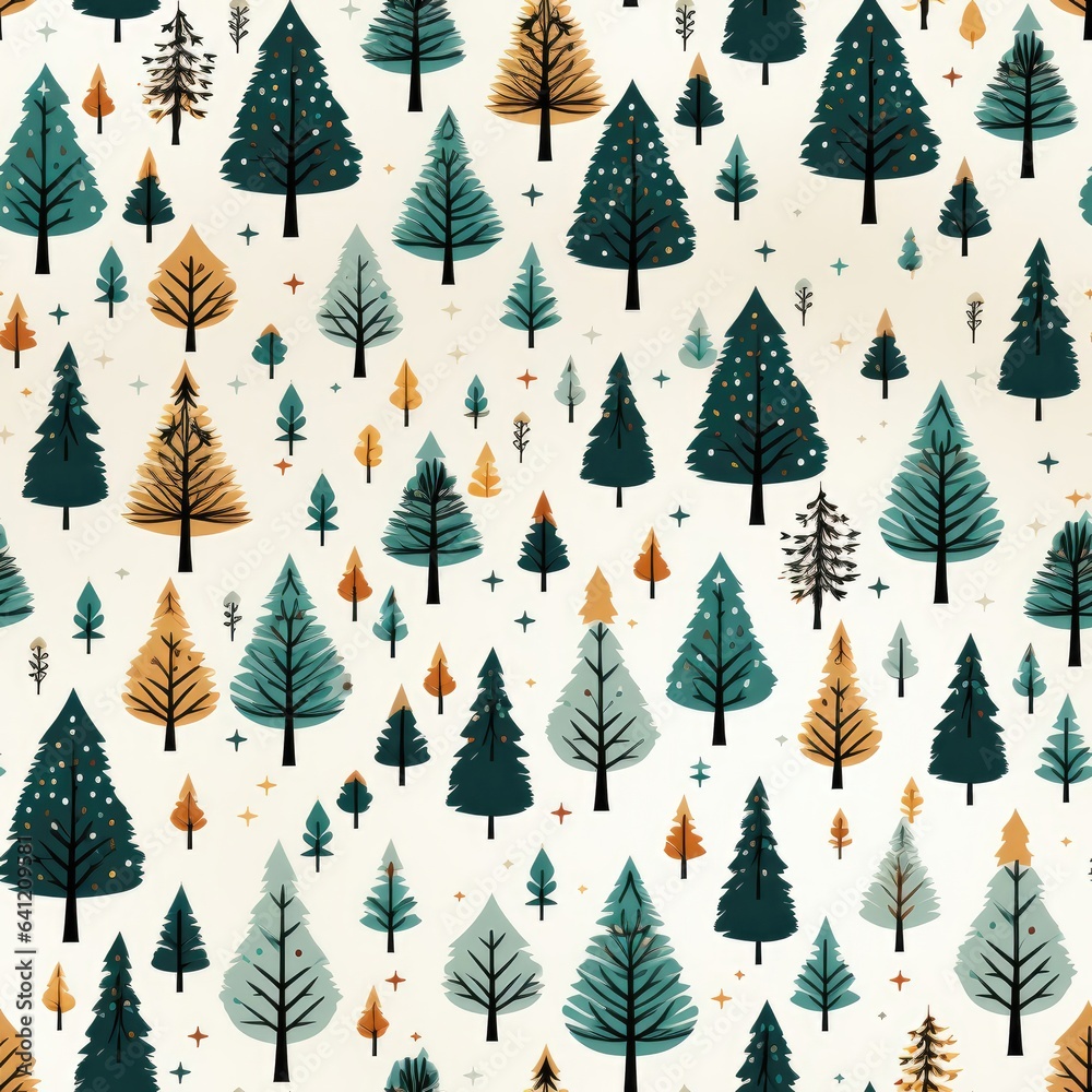 A seamless pattern with various Christmas trees in different sizes and colors, adorned with stars. Illustration, Generative AI