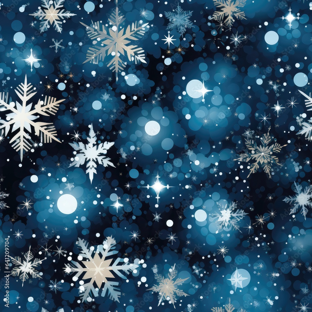 A mesmerizing seamless pattern featuring large snowflakes suspended above a backdrop of softly blurred lights, creating a captivating visual effect. Illustration, Generative AI