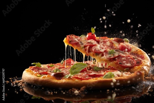 Delicious pizza floating in the air