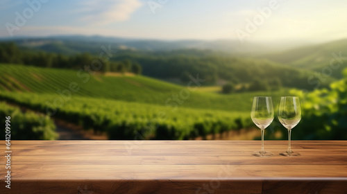 Beautiful empty background of a wooden table or table top with glasses of white wine on a grape plantation background with space for products  text or logo 