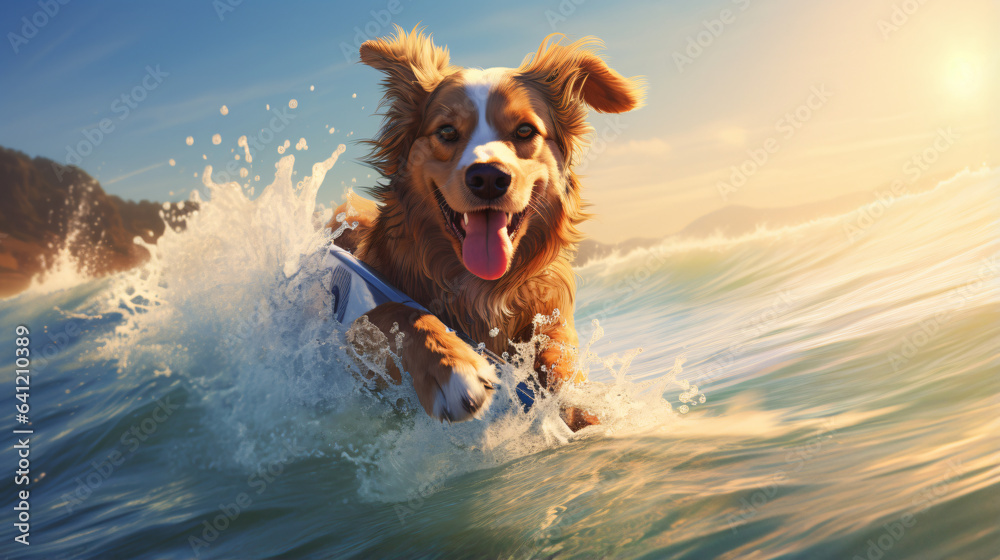 Cool dog surfing with sunglasses in the ocean waves
