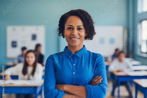 smiling african american female teacher standing in classroom photo