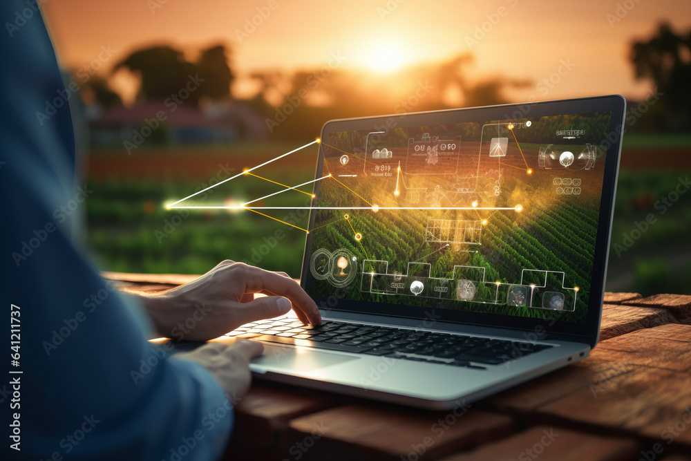 © Ivan - Application of new technologies in agribusiness. The farmer uses a laptop on the background of the field.generative ai © Ivan - Application of new technologies in agribusiness. The farmer uses a laptop on the background of the field.generative ai