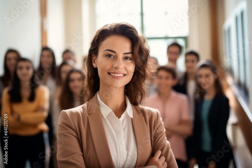 Portrait of smiling teacher standing in front of blackboard in classroom