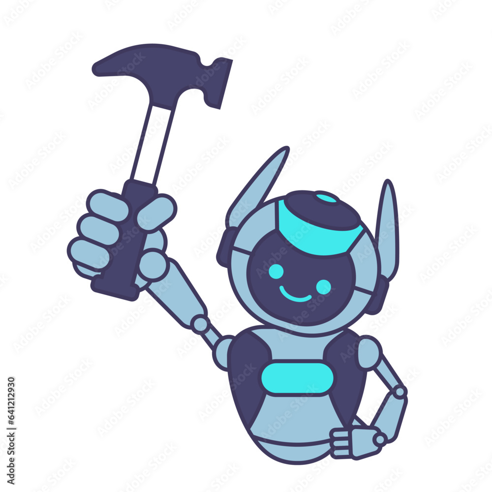 Robot carpenter character. Robot holding hammer Robot carpenter character. Robot holding hammer