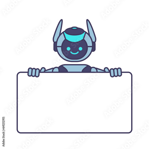 Robot holding blank poster banner or showing information