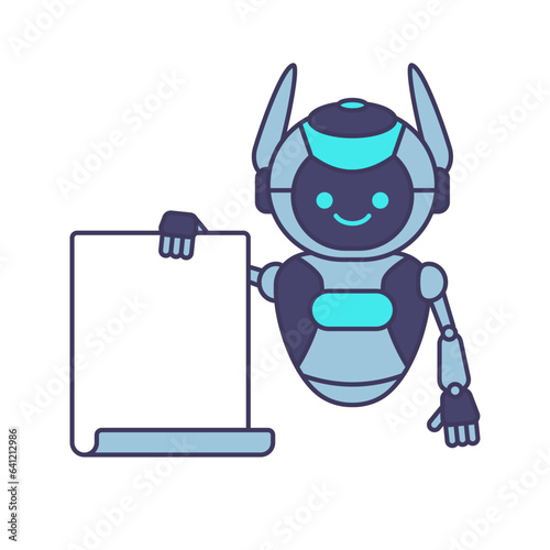 Robot holding blank poster banner or showing information