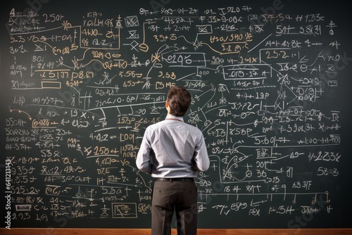 Murais de parede businessman looking at formulas on a blackboard