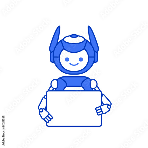 Robot holding blank poster banner or showing information